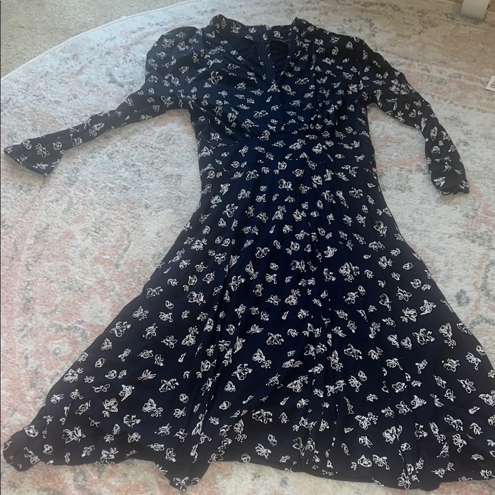 French Connection Blue Fit and Flare Dress with Bishop Sleeves